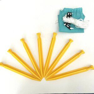 Set Of 8 Yellow Plastic Tent Stakes Rope & Storage Bag